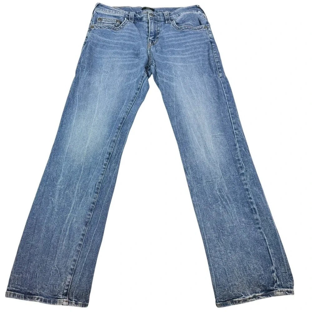 True Religion Ricky Relaxed Straight Jeans Mens 32x33 Blue Stretch USA *Flaw*